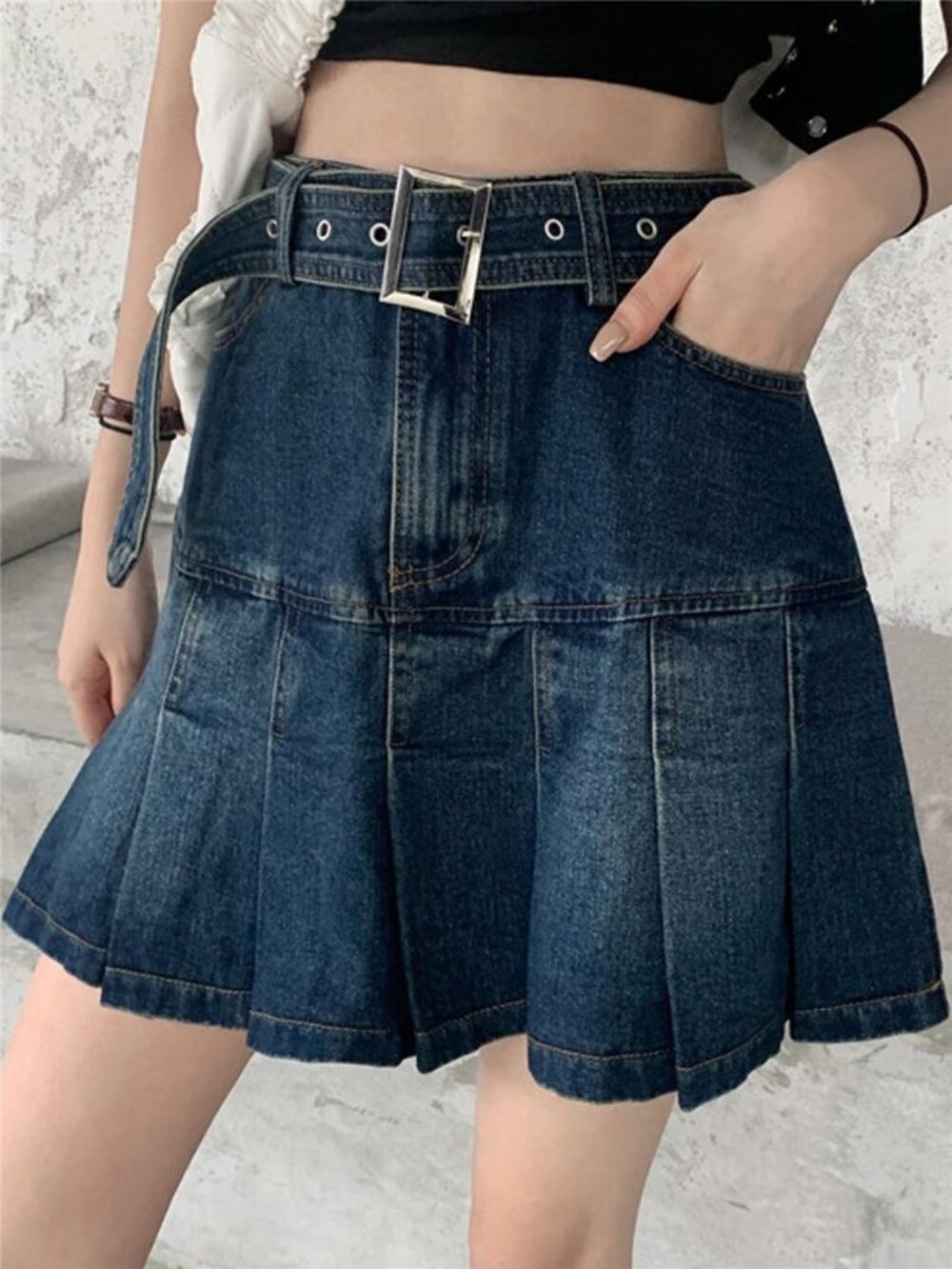 High-Waisted Pleated Denim Skirt
